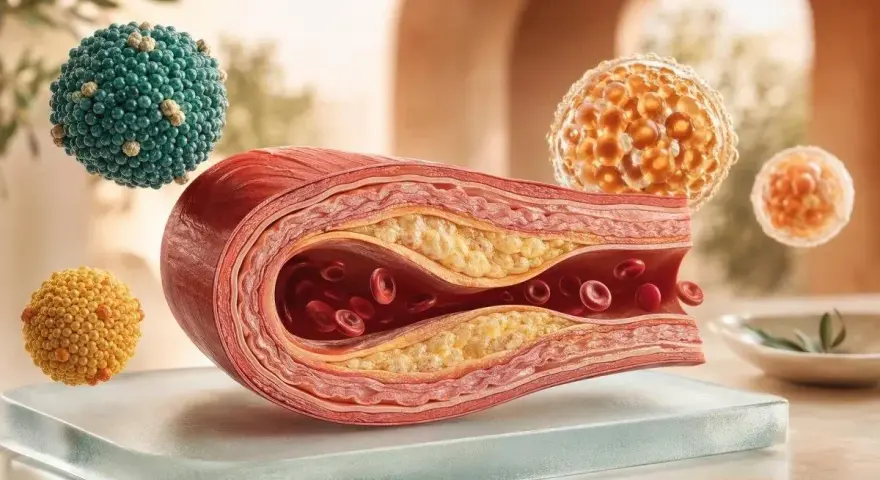 Przekrój naczynia krwionośnego z cholesterolem. Kuleczki symbolizują cząsteczki tłuszczu, sugerując, że hdl cholesterol za niski.