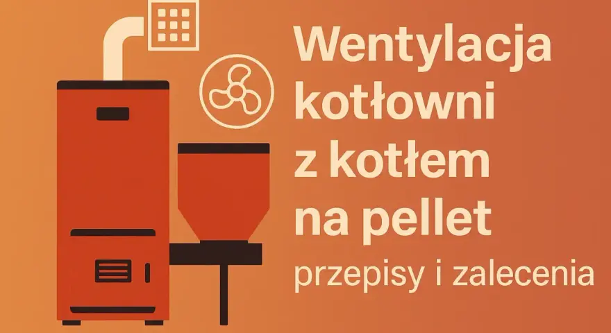 Ilustracja przedstawia kocioł na pellet i wentylator, symbolizujące wentylację w kotłowni.
