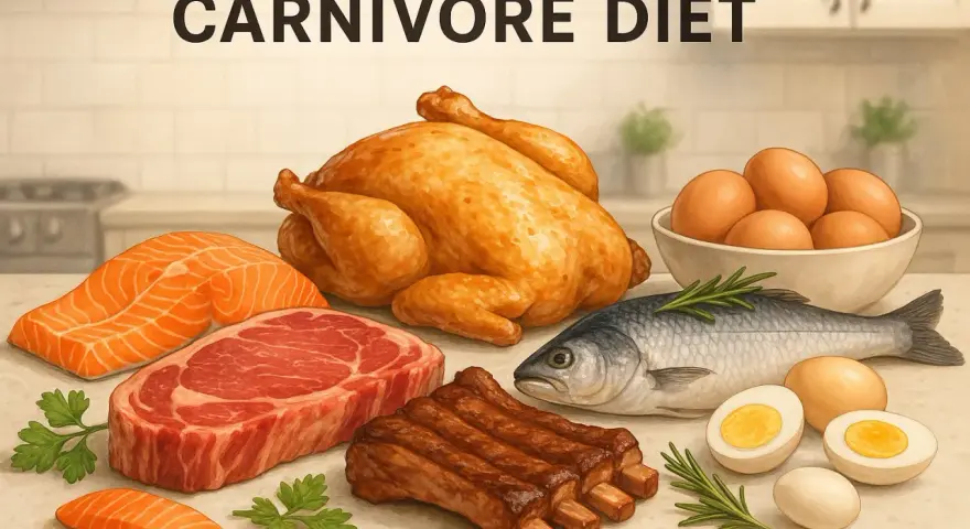 Mięso, ryby i jajka na stole, ilustrujące zasady diety carnivore.