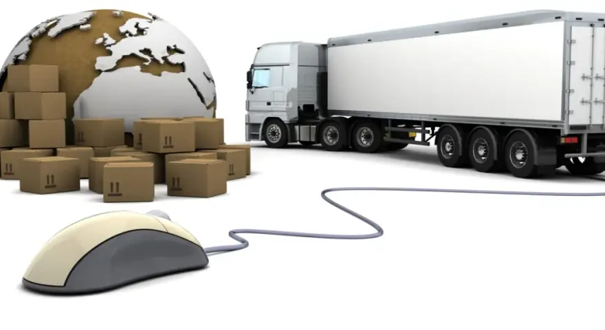 Globalne giełdy transportowe: stosy paczek, globus, ciężarówka i myszka komputerowa symbolizują łatwość zamawiania transportu online.
