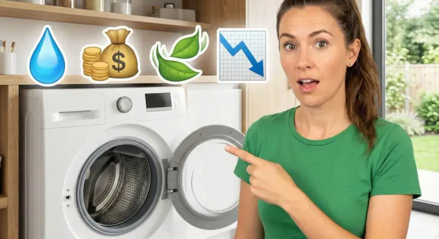 Une femme pointe une machine à laver, avec des icônes symbolisant la réduction de la consommation d'eau et de lessive, et donc des économies.