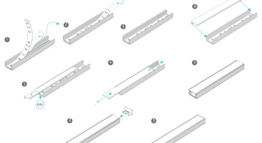 Instrukcja montażu taśmy LED w listwie aluminiowej: przyklejanie, wsuwanie, zamykanie.