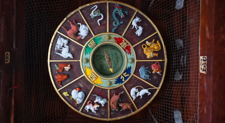 Okrągły zegar zodiaku chińskiego z wizerunkami zwierząt, w tym bawół chiński znak zodiaku.