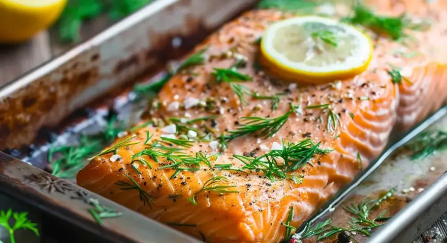 Fryst lax i ugn, kryddad med dill och citron, redo att tillagas.
