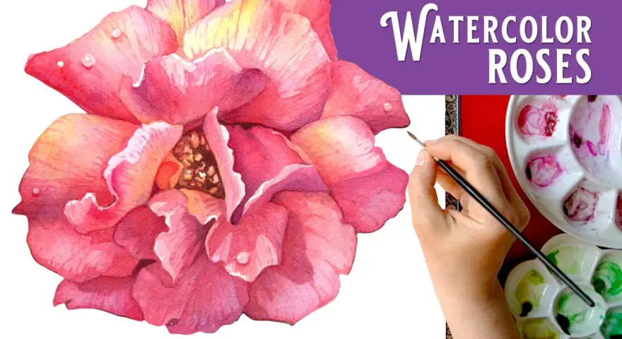 Un magnifique dessin rose aquarelle, avec une main tenant un pinceau près d'une palette de couleurs.