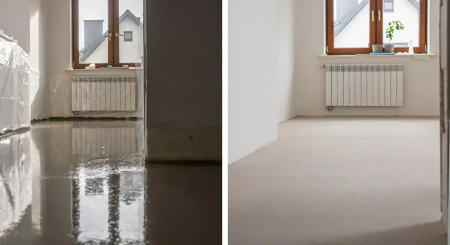 Po lewej mokra wylewka samopoziomująca, po prawej sucha. Czas schnięcia zależy od warunków.