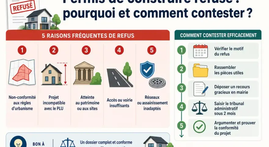 Permis de construire refusé : 5 raisons et comment contester. Déposer un recours administratif en mairie sous 3 mois est possible.