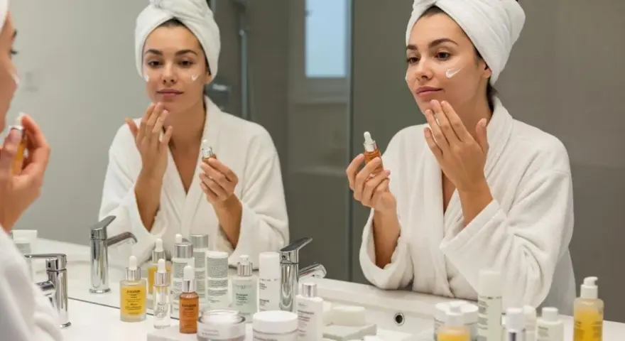 Femme appliquant un sérum visage, reflet dans le miroir. Une routine beauté avec des produits de soin, dont un sérum au rétinol pour la peau.