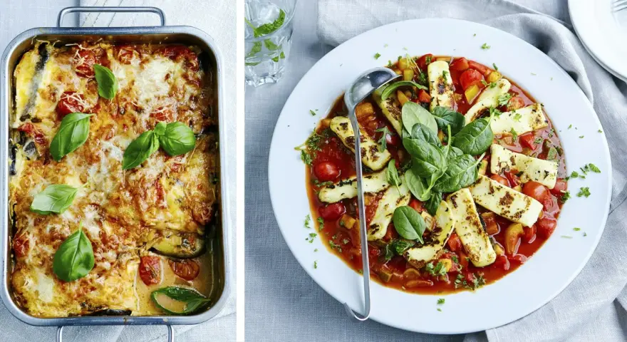 En gratinerad auberginegratäng i form och en tallrik med grillad halloumi i tomatsås. Två härliga vegetariska recept.