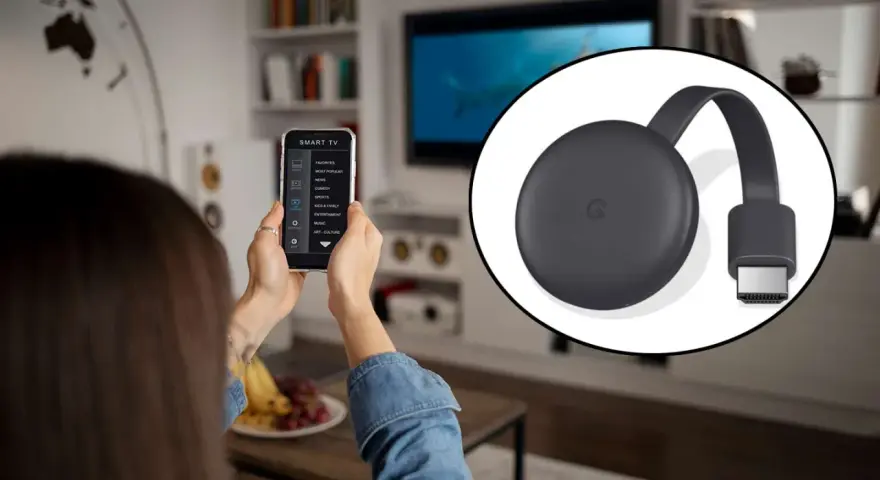 Użyj telefonu, by skonfiguruj moje urządzenie Android TV. Widok na Chromecast i ekran smartfona z menu.