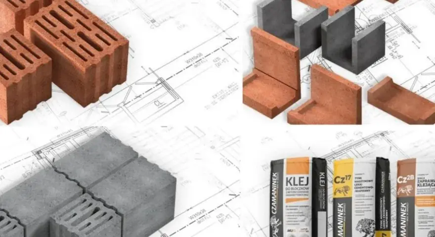 Różne rodzaje pustaków, w tym prefabrykat keramzytowy, oraz materiały budowlane, jak kleje i zaprawy, na tle planów architektonicznych.