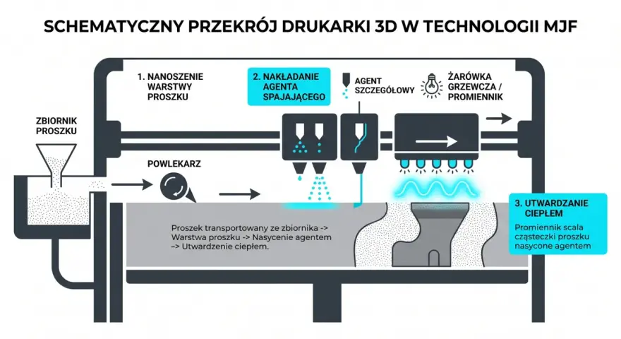 Schemat budowy drukarki 3D MJF: nanoszenie proszku, nakładanie agenta spajającego i utwardzanie ciepłem.