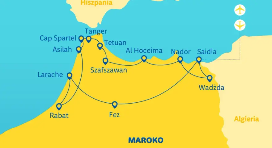 Mapa pokazuje trasę promową z Hiszpanii do Maroka, łączącą Tanger, Tetuan, Al Hoceima, Nador, Saidia i Wadżda.