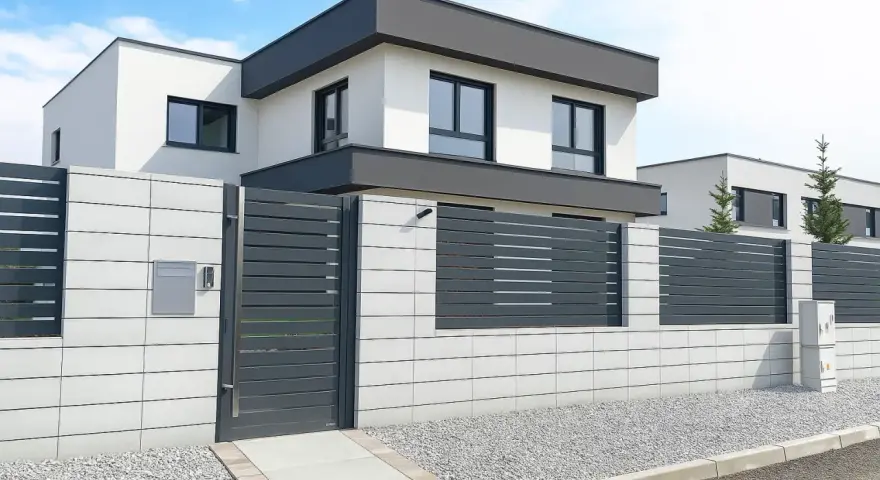 Nowoczesne, biało-szare ogrodzenie z elementami metalowymi i betonowymi, idealnie pasujące do minimalistycznej architektury domu.
