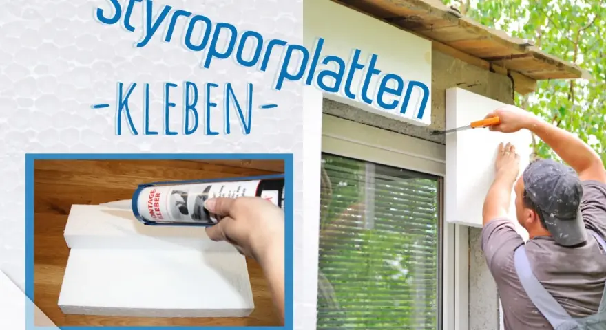 Styroporplatten kleben: Ein Mann befestigt eine Styroporplatte am Haus. Daneben eine Hand mit Kleberpistole.