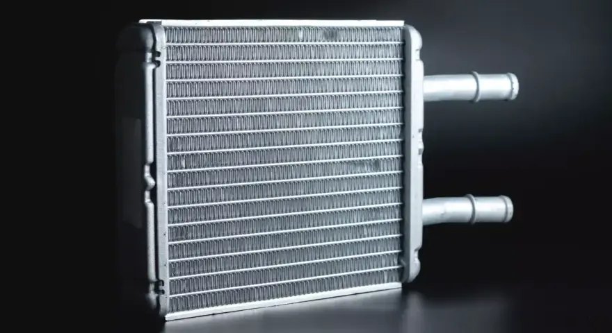 A new heater core, essential for a heater core replacement, sits ready for installation. Its fins are clean and ready to warm your car.