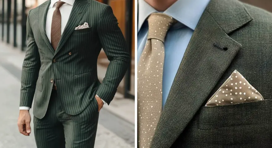 Un uomo indossa un elegante vestito verde a righe, con cravatta e fazzoletto coordinati. Perfetto per ogni occasione, questo completo è ideale con le giuste scarpe da abbinare.
