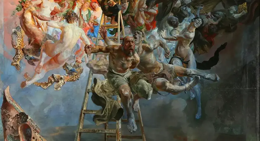 Wernyhora, otoczony przez postacie z mitologii i historii, wspina się po drabinie ku światłu, symbolizując wizję przyszłości.