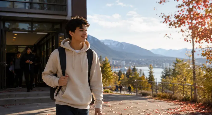 Ein junger Mann mit Rucksack verlässt ein Gebäude, im Hintergrund Berge und Stadt. Perfekt für sein Auslandsjahr Kanada.