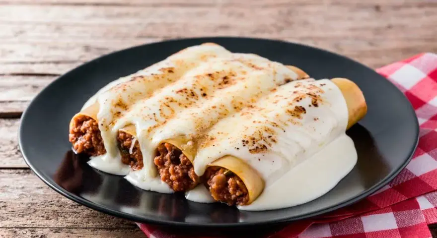 Canelones de carne picada cubiertos de queso fundido, servidos en un plato negro sobre una mesa de madera rústica.