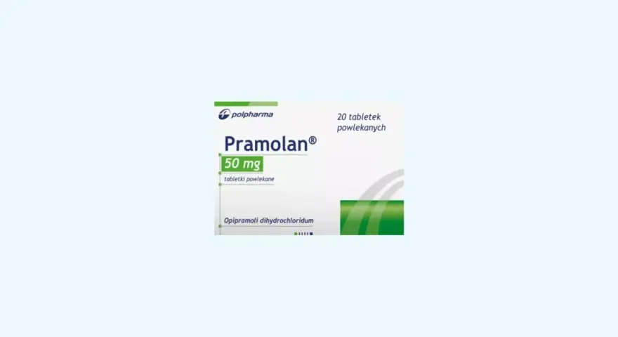 Opakowanie leku Pramolan 50 mg, 20 tabletek powlekanych. Stosowany na depresję i lęk.