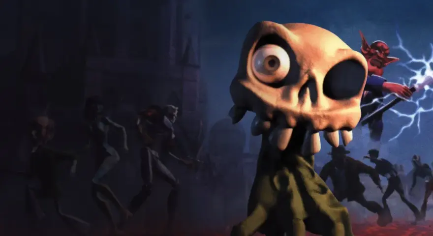 Strach i groza w remake'u Medievil 2. Czaszka z wielkim okiem patrzy na armię zombie i demona z piorunami.