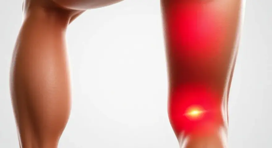 Muskulös underben och lår med röd glöd över knät, som visar smärta vid en nordic hamstring curl.