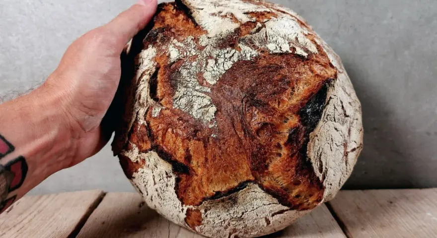 Eine Hand hält ein knuspriges Brot. Perfekt zum Bier!