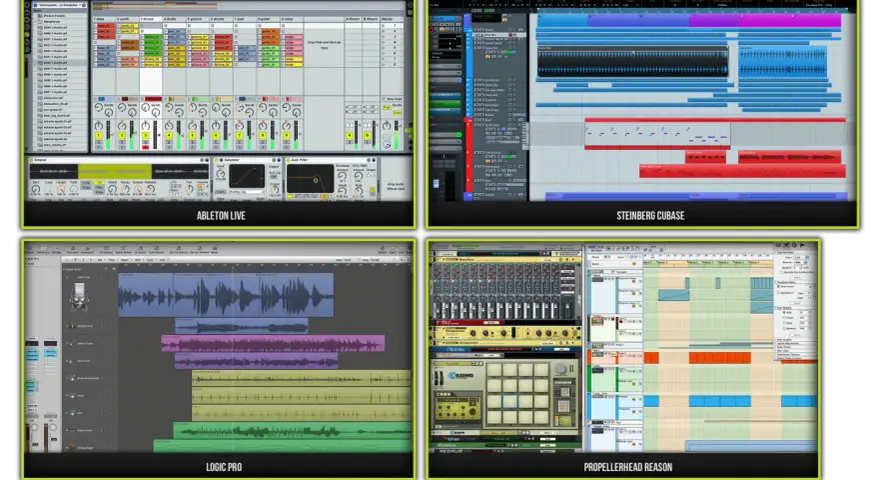 Ableton Live, Cubase, Logic Pro, Reason - cztery programy do produkcji muzyki. Widzimy tu ścieżki audio, MIDI i wirtualne instrumenty. Midi co to? To format zapisu nut, który steruje instrumentami.