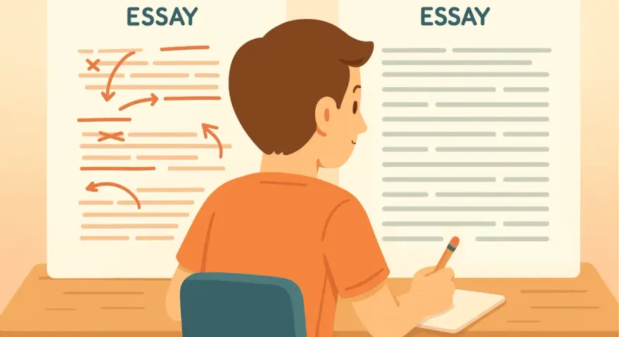 Un estudiante se sienta a una mesa, con un ensayo a la izquierda marcado con correcciones y otro a la derecha listo para escribir.
