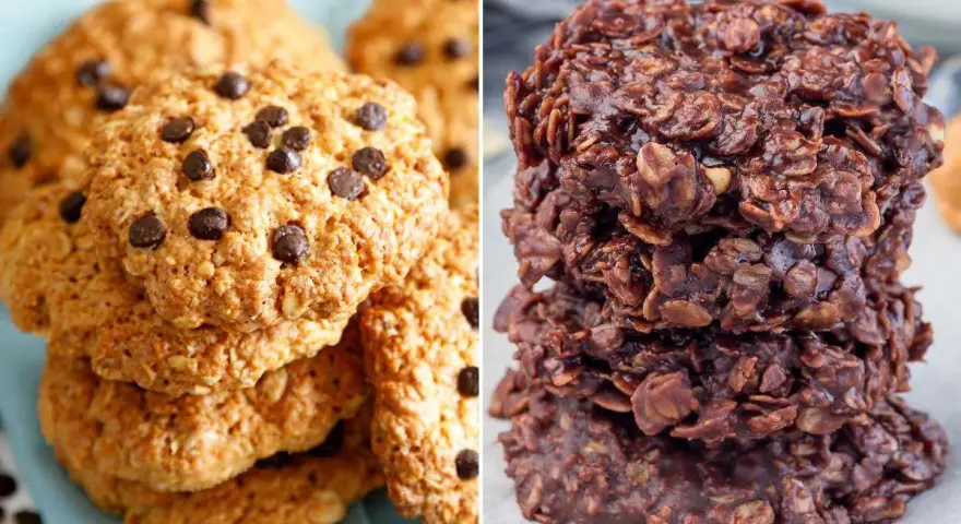 Dos tipos de galletas de avena y chocolate: unas doradas con chispas de chocolate y otras oscuras y húmedas.