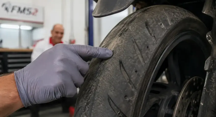 Mano guantata indica il battistrada minimo di una moto, mostrando l'usura.