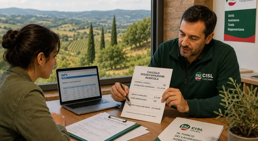Uomo e donna analizzano calcolo disoccupazione agricola. Offerte lavoro stagione invernale per lavoratori agricoli.