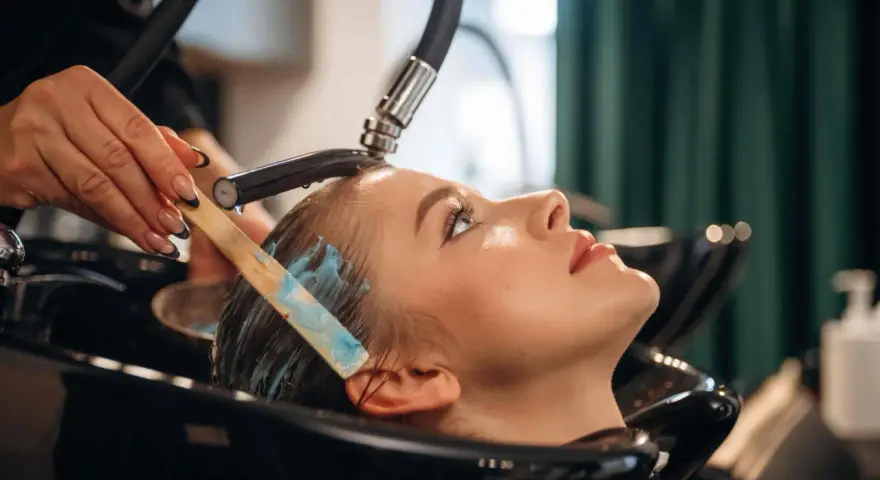 Profesjonalna pielęgnacja włosów farbowanych w salonie. Stylistka nakłada maskę na mokre włosy klientki.