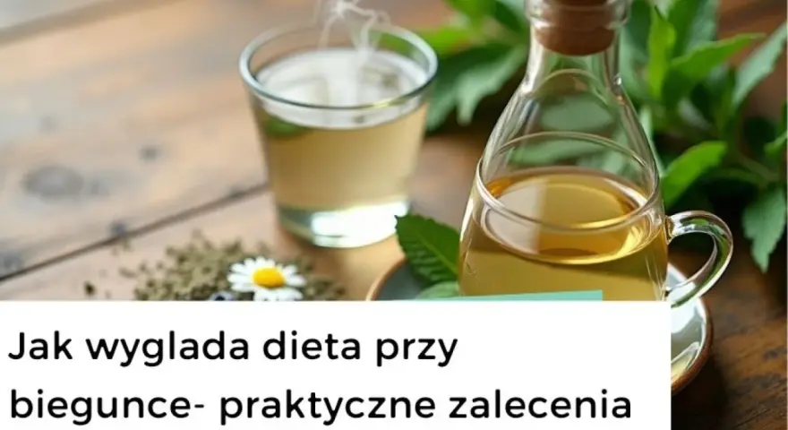 Parująca herbata i buteleczka z napojem na drewnianym stole. Dowiedz się, co jeść przy biegunce, by poczuć ulgę.