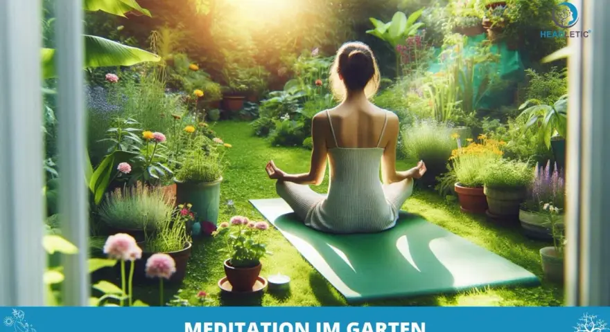 Frau in weißer Kleidung praktiziert Meditation im Garten. Die Erdung durch die Natur unterstützt die innere Ruhe.
