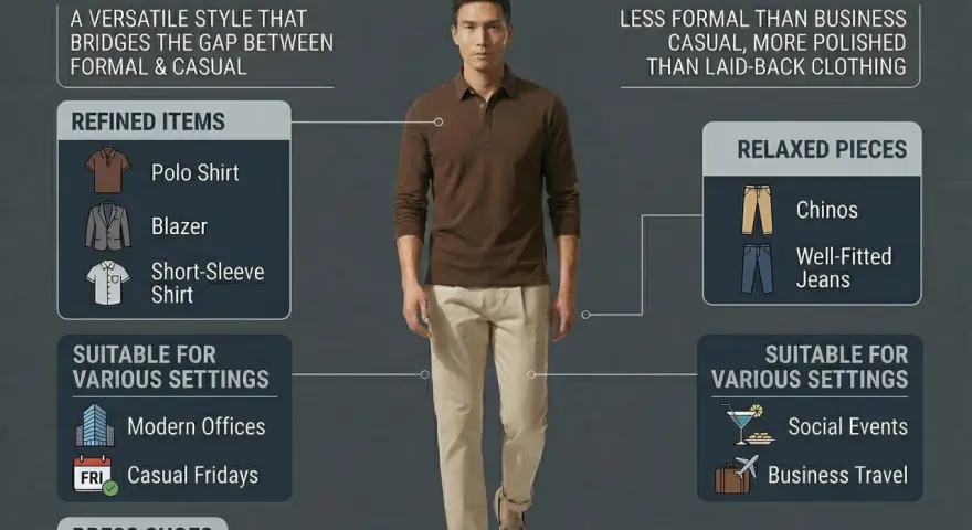 Guía de **smart casual dress code**: hombre con polo marrón y chinos beige. Ideal para oficinas modernas y eventos sociales.