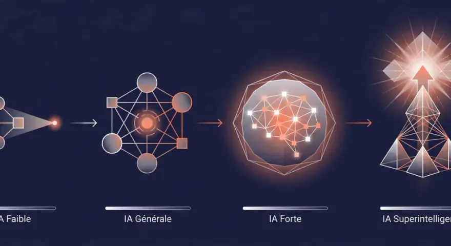 Evolución de la inteligencia artificial: IA débil, general, fuerte y superinteligente, representada por diagramas abstractos y un crecimiento exponencial.