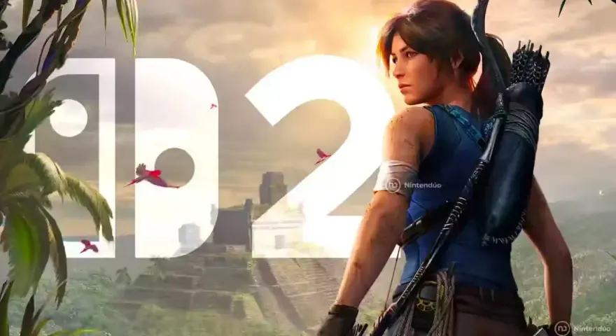 Lara Croft lista para la aventura en el **Tomb Raider Switch**. Ruinas antiguas y pájaros rojos en un paisaje selvático.