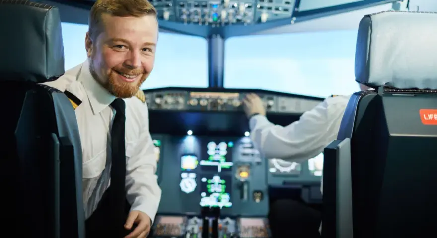 Uśmiechnięty pilot w kabinie samolotu, obok drugiego pilota przy panelu sterowania.