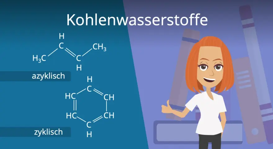 Chemische Strukturen von Kohlenwasserstoffen: eine azyklische und eine zyklische Verbindung. Eine lächelnde Frau mit roten Haaren gibt Daumen hoch.