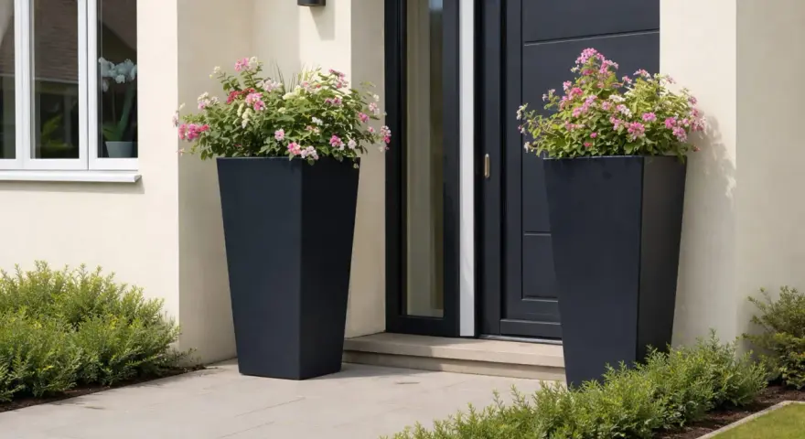 Zwei hohe, dunkle Pflanzkübel mit rosa und weißen Blüten schmücken den Eingangsbereich. Ein schöner Weg, den hauseingang zu bepflanzen.
