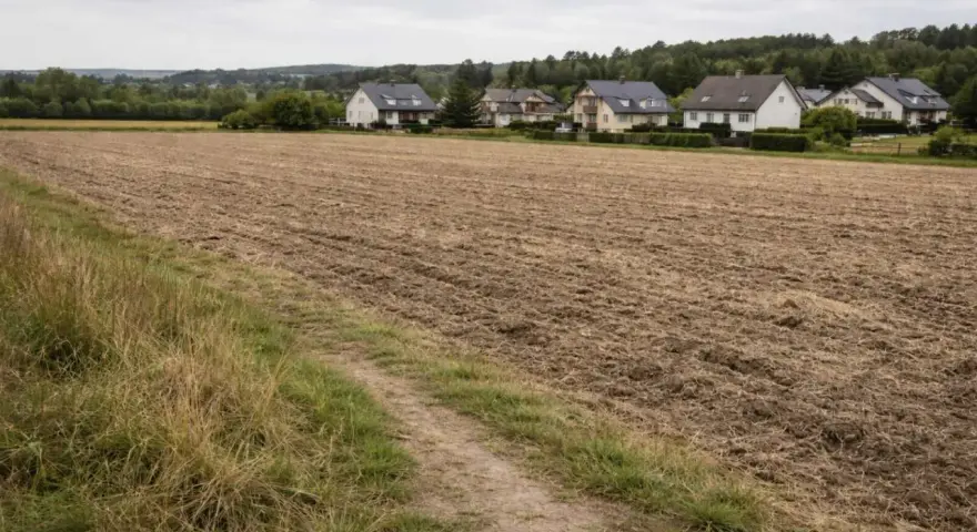 Pola z zaoranymi glebami pochodzenia organicznego, z domami w tle. Ścieżka prowadzi przez trawę do zaoranego pola.