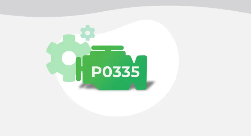 Green engine icon with "P0335" text, symbolizing a diagnostic trouble code. Gears suggest mechanical issues.