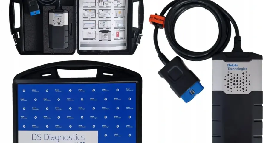 Zestaw Delphi DS Diagnostics: interfejs diagnostyczny, kabel, instrukcja i tablet.