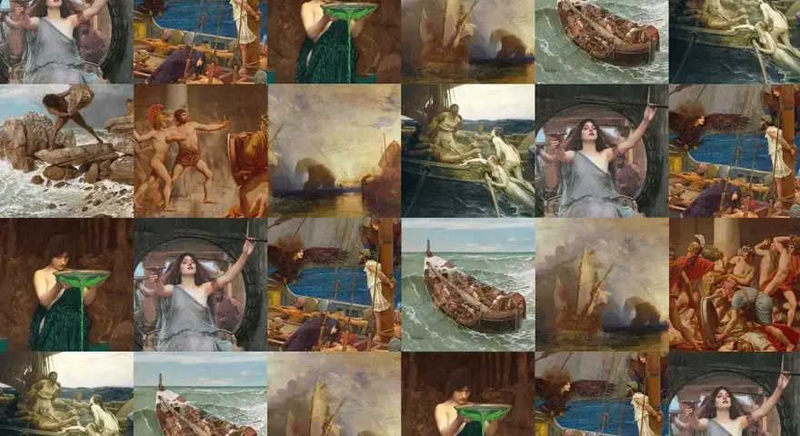 Collage d'œuvres d'art néoclassiques, dont des scènes maritimes, des figures mythologiques et des représentations de Galatée, évoquant le triomphe de Galatée.