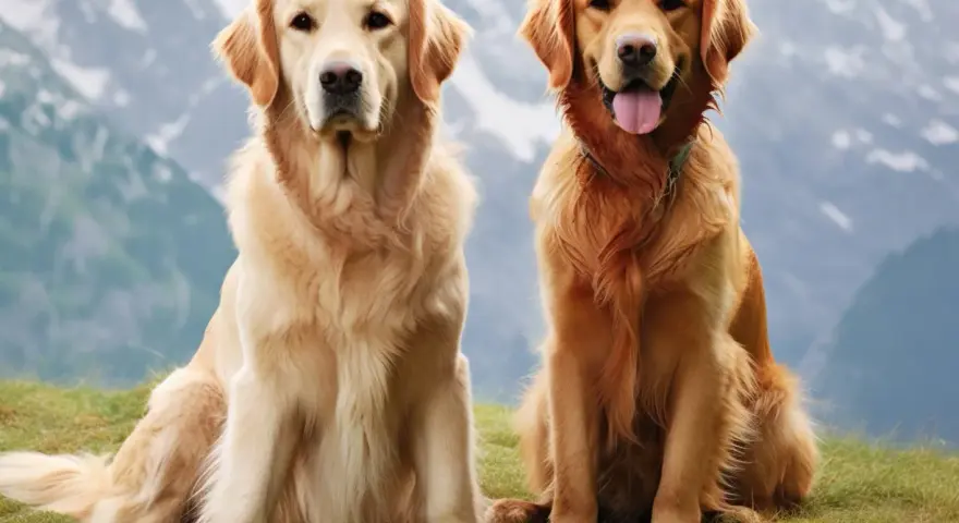 Dwa golden retrievery siedzące na trawie na tle gór.