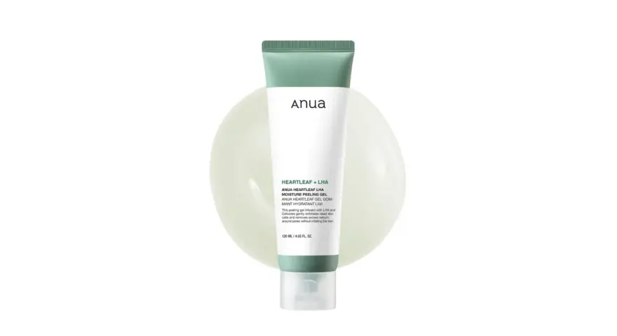 Anua Heartleaf Moisture Peeling Gel z LHA delikatnie złuszcza martwy naskórek i usuwa nadmiar sebum, pozostawiając skórę nawilżoną.