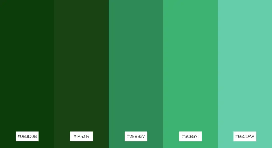 Cinco franjas verticales muestran una gama de tonos de verde, desde el verde bosque oscuro hasta un verde azulado claro, evocando la naturaleza.