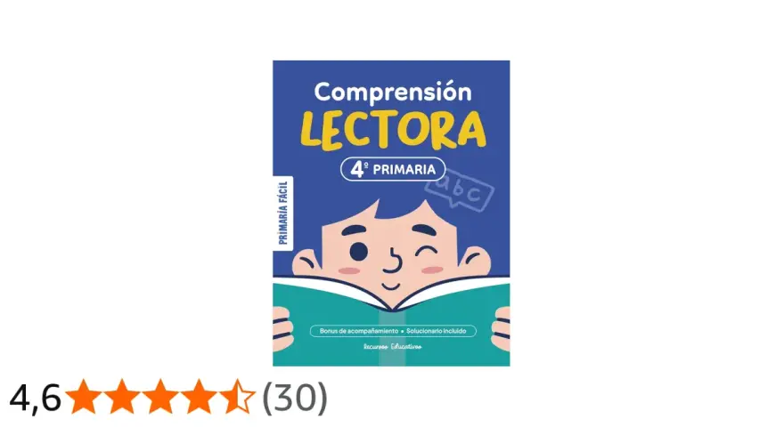 Libro de comprensiones lectoras para 4º primaria con un niño leyendo. Incluye bonus y solucionario.
